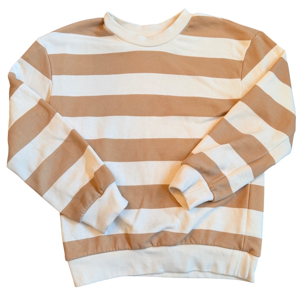 HM‎ Kids Tan and Cream Striped Fleece Lined Crewneck Sweatshirt Size 6-8Y